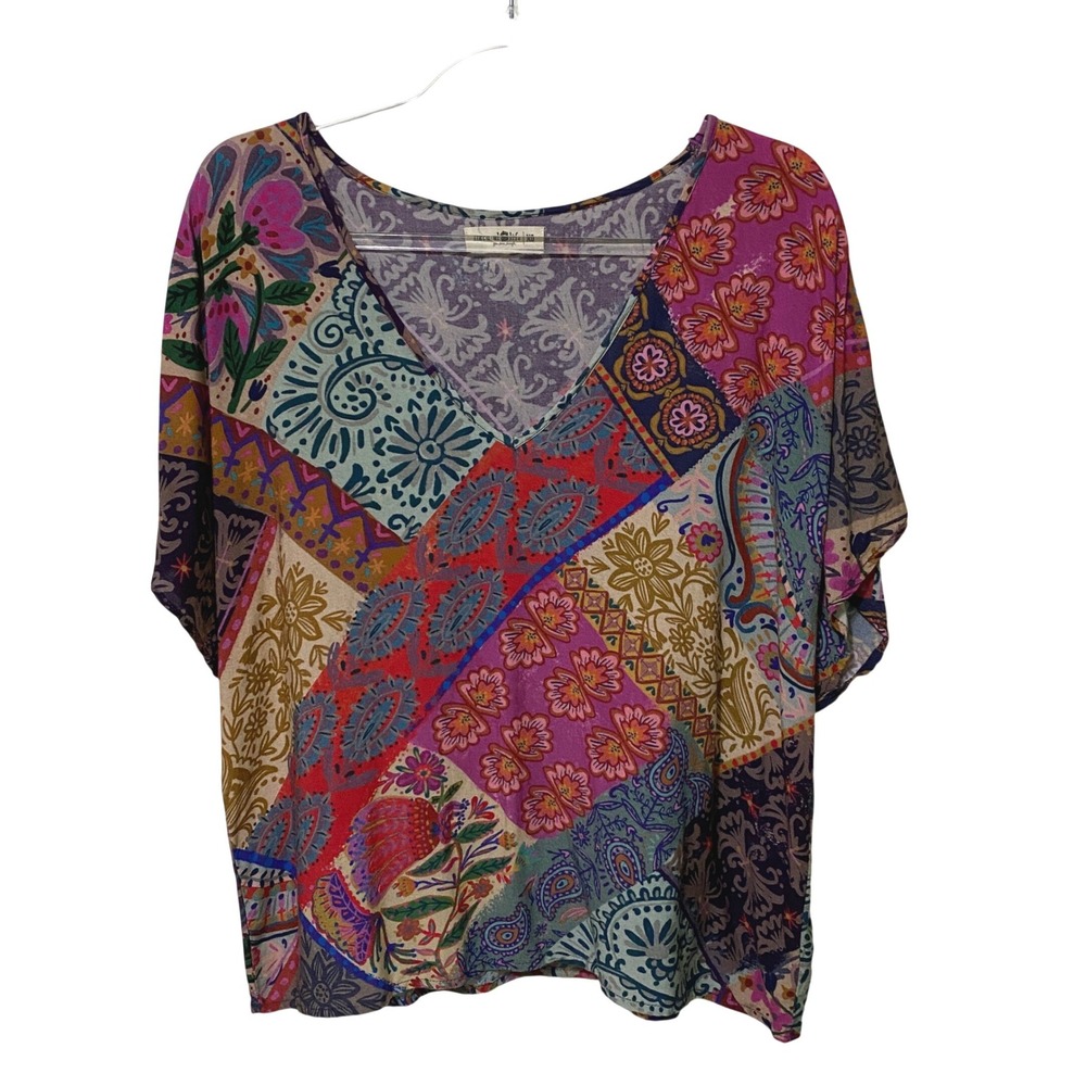 Dopamine Natural Life Patchwork V-Neck Top Floral Paisley Boho Chic Womens XS